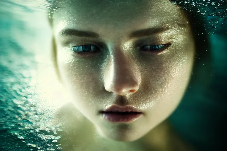 Prompt: an ultra realistic, cinematic, fantasy, portrait, of a beautiful woman, face in water, dramatic, soft light, dreamy, facial features, in the ocean, detailed, deep focus, movie still, dramatic lighting, ray tracing, by michal karcz and yoshitaka amano