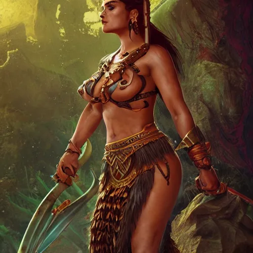Image similar to salma hayek as amazonian amazon barbarian warrior, hyper detailed, digital art, trending in artstation, cinematic lighting, studio quality, smooth render, unreal engine 5 rendered, octane rendered, art style by klimt and nixeu and ian sprigger and wlop and krenz cushart.