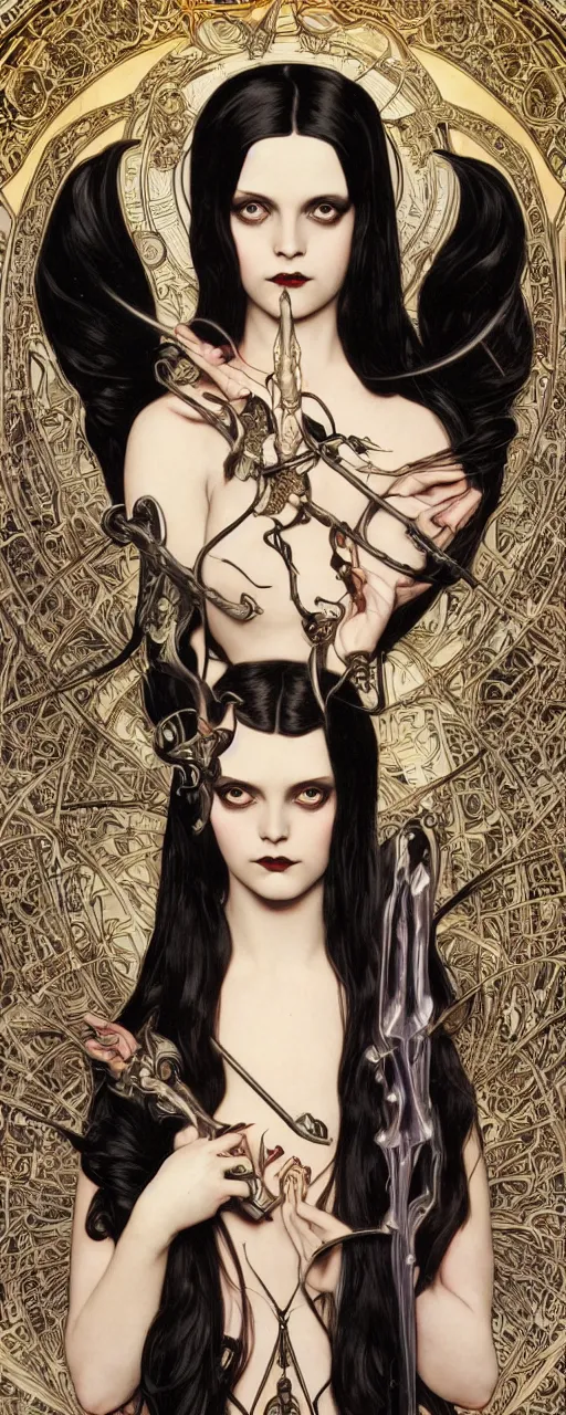 Image similar to striking sensual gorgeous sci - fi art nouveau portrait of wednesday addams as the dark goddess lilith by michael kaluta, chris achilleos and alphonse mucha, photorealism, extremely hyperdetailed, perfect symmetrical facial features, perfect anatomy, ornate declotage, weapons, circuitry, high technical detail, determined expression, piercing gaze