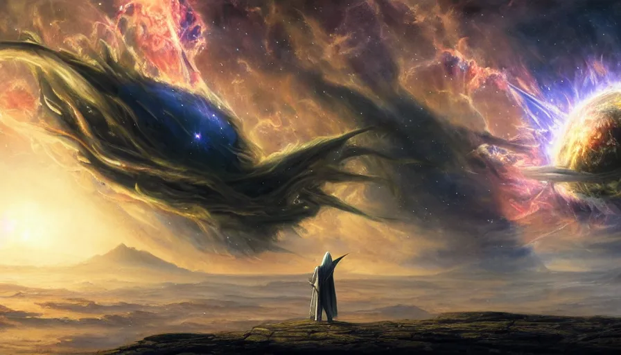 Prompt: a beautiful painting of gandalf watching the crab nebula above an alien world, ray traced lighting by jean kalin popov and greg rutkowski