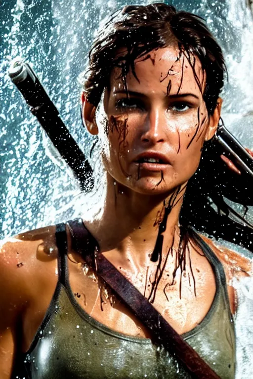 Image similar to a film still of lara croft, close up face, muscular body, drenched body, photography, wet dripping hair, emerging from the water