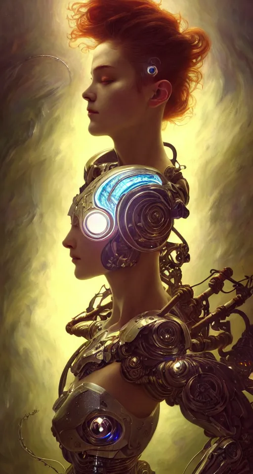 Image similar to cyborg recharging, diffuse lighting, fantasy, intricate, elegant, highly detailed, lifelike, photorealistic, digital painting, artstation, illustration, concept art, smooth, sharp focus, art by John Collier and Albert Aublet and James jean and Brian froud and ross tran and Artem Demura and Alphonse Mucha