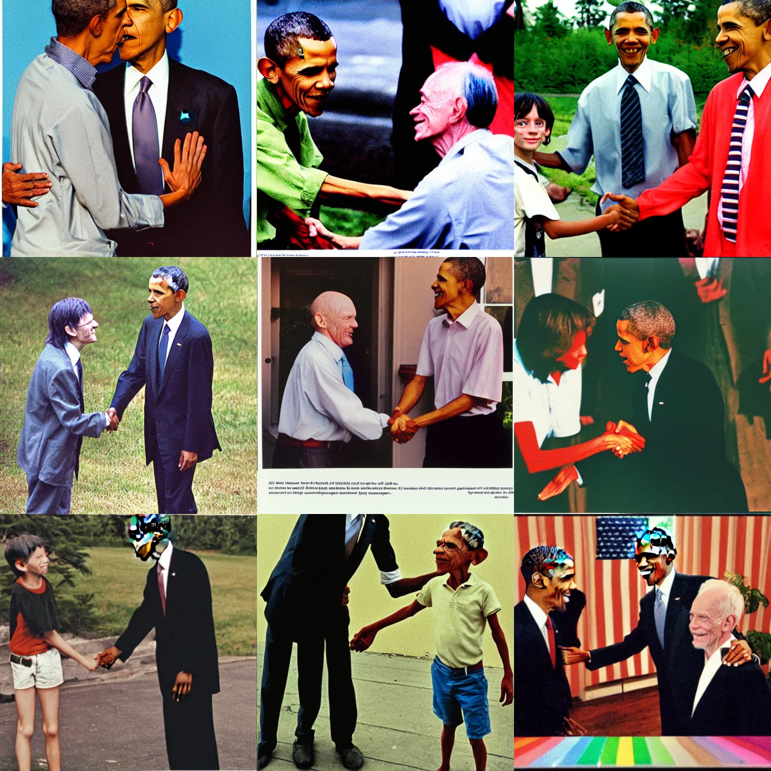 Prompt: A long-shot , color school photograph portrait of Gollum shaking hands with Obama, summer, day lighting, 1990 photo from photograph Magazine.