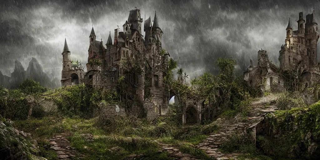 Prompt: matte painting, castle, dramatic landscape, overgrown, cinematic, overcast, interior light, rain