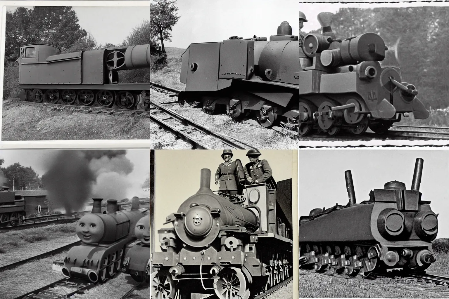 Prompt: WW2 era photograph of 800mm German artillery Dora from WW2 with Thomas the Tank Engine face