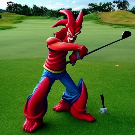 Image similar to shenlong from dragonball z playing golf,
