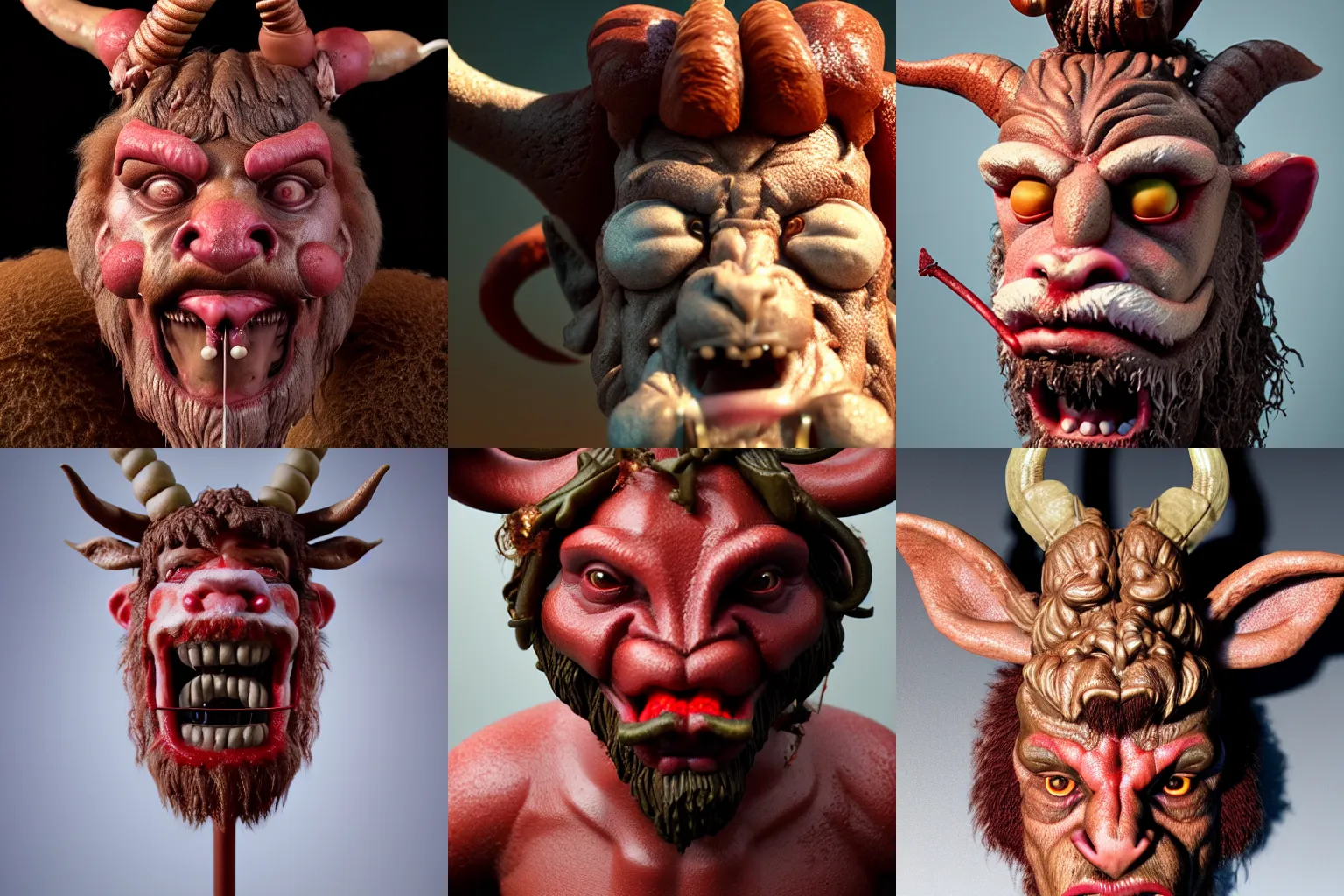 Prompt: incredibly realistic, too detailed sculpture, minotaur satyr krampus face, made of sponge cake, glass, marzipan, cotton candy, blood, octane render, bump mapping, macro image, global illumination, 8 k, bokeh