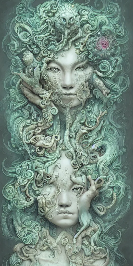 Prompt: a sculpture of mythical creatures by hannah yata, elegant and beautiful female face with her third eye open, carved in stone, intricate, elegant, highly detailed, digital painting by audrey kawasaki, artstation, concept art, ambient occlusion, smoke, foggy vray render,