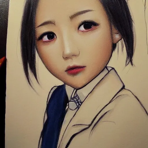 Prompt: a pretty young girl of 2 5, japanese, with big eyes, short shoulder - length hair and a suit ， paintingby sam yang and trnyteal