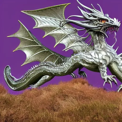 Image similar to s 1288948815 a 128 foot tall silver western dragon with purple accents, having a 360 foot long wingspan; The scales smooth and streamlined, while jutting out at the elbows and crest and spine; with a head of streamlined elegance; with two wings; with long elegant tail; with 4 limbs and 4 claws on each foot; deviantart, furaffinity, high quality