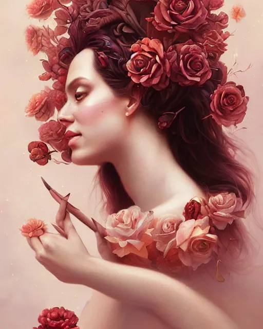 Prompt: rose gold caved mahogany beauty portrait, fauna flora explosion of beautiful petals, radiant light, artgerm, peter mohrbacher, fantasy art