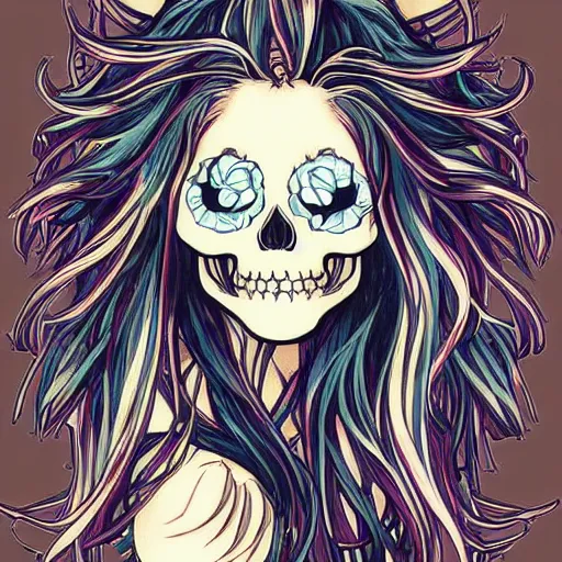 Image similar to anime manga skull portrait woman face flowing hair skeleton illustration style by Alphonse Mucha and Takashi Murakami pop art nouveau