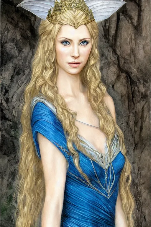 Image similar to portrait, headshot, digital painting, of elven queen Galadriel, beautiful, tall, white dress, fair curly hair, blue eyes, realistic, hyperdetailed, chiaroscuro, concept art, art by Waterhouse