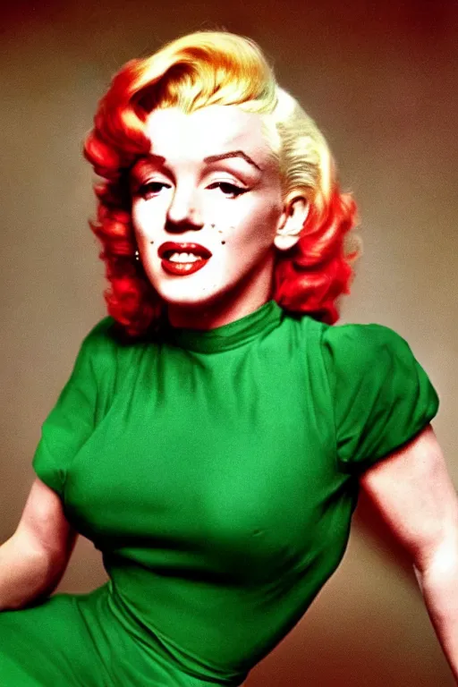 Prompt: marilyn monroe with red hair and green dress