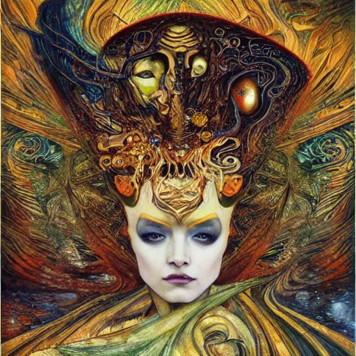 Prompt: Divine Chaos Engine by Karol Bak, Jean Deville, Gustav Klimt, and Vincent Van Gogh, visionary fractal structures