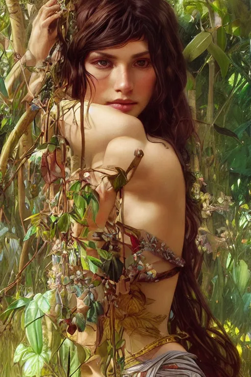 Image similar to ultra realistic illustration, bohemian girl in jungle, staring directly into camera, intricate, elegant, highly detailed, digital painting, artstation, concept art, smooth, sharp focus, illustration, art by artgerm and greg rutkowski and alphonse mucha