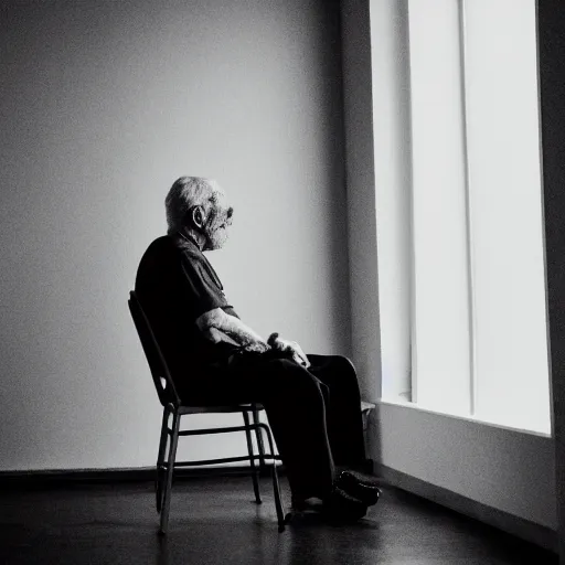 Image similar to a full shot of an old man sitting in the corner of a dimly lit room