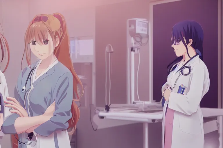 Image similar to a beautiful young female doctor wearing white coat are talking with a nurse wearing pink coat in a hospital ward, highly detailed, 8kHDR, slice of life anime, anime scenery by Makoto shinkai