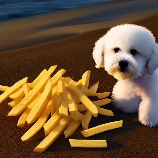 Prompt: a photorealistic photograph of a smiling white bichon puppy eating basket of french fries during sunset at the beach Trending on artstation, featured on Behance, well-rendered, Unreal Engine, 4K HD