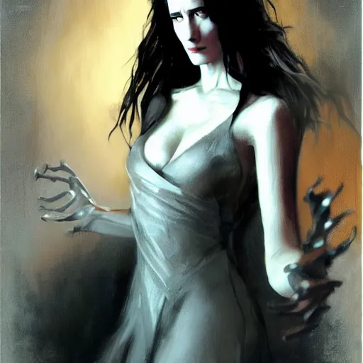 Image similar to eva green as yennifer, dynamic pose, painted by greg rutkowski