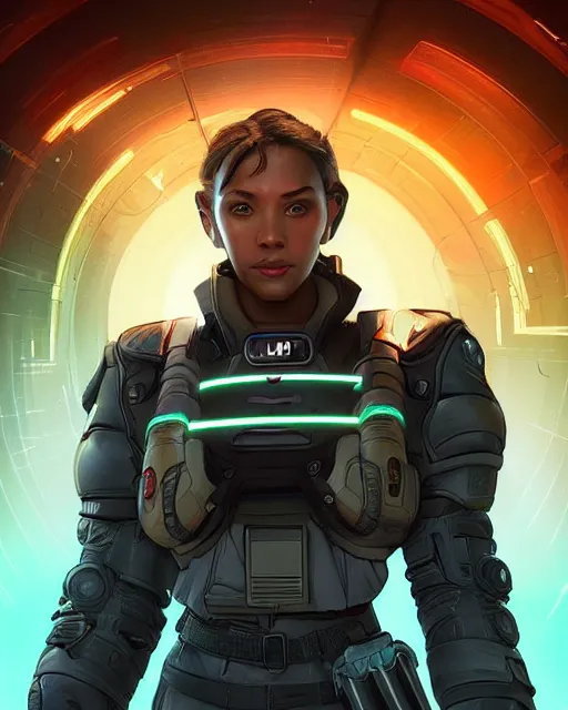 Prompt: Lazer Beam Crystal Trance Apex Legends character digital illustration portrait design by, Mark Brooks and Brad Kunkle detailed, gorgeous lighting, wide angle dynamic portrait