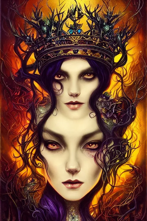 Image similar to jeweled Crown, other worldly, dark fae court, black roses, long black hair, black eyes, vivid colors, art nouveau, by Anato Finnstark, Tom Bagshaw, Brom