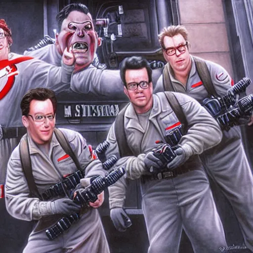 Image similar to ghostbusters vs michellan man, realism, picture, highly detailed