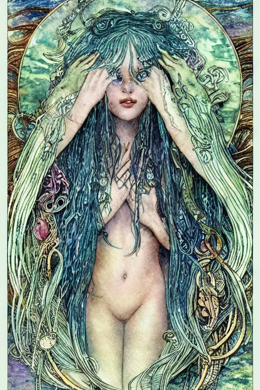 Image similar to mermaid with dark skin and long flowing hair face closeup surrounded circular frame of fish, art by luis royo and walter crane and kay nielsen, watercolor illustration, ultra sharp focus