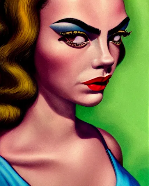 Image similar to closeup profile portrait of a 1 9 5 0 s cara delevigne wearing a bikini, mark ryden, lostfish, max fleischer, hyper realistic, artstation, illustration, digital paint, matte paint, vivid colors, bright, cheerful, detailed and intricate environment