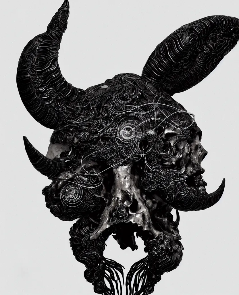 Image similar to goddess princess face close-up portrait ram skull. sculpture made of black and dichroic. jellyfish phoenix head, nautilus, orchid, skull, betta fish, bioluminiscent creatures, intricate artwork by Tooth Wu and wlop and beeple. octane render, trending on artstation, greg rutkowski very coherent symmetrical artwork. cinematic, hyper realism, high detail, octane render, 8k