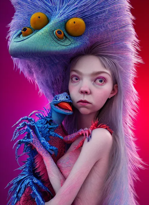 Image similar to hyper detailed 3d render like a Oil painting - kawaii portrait of two Aurora (a beautiful skeksis muppet fae princess protective playful expressive from dark crystal that looks like Anya Taylor-Joy) seen red carpet photoshoot in UVIVF posing in scaly dress to Eat of the Strangling network of yellowcake aerochrome and milky Fruit and His delicate Hands hold of gossamer polyp blossoms bring iridescent fungal flowers whose spores black the foolish stars by Jacek Yerka, Ilya Kuvshinov, Mariusz Lewandowski, Houdini algorithmic generative render, golen ratio, Abstract brush strokes, Masterpiece, Edward Hopper and James Gilleard, Zdzislaw Beksinski, Mark Ryden, Wolfgang Lettl, hints of Yayoi Kasuma and Dr. Seuss, octane render, 8k