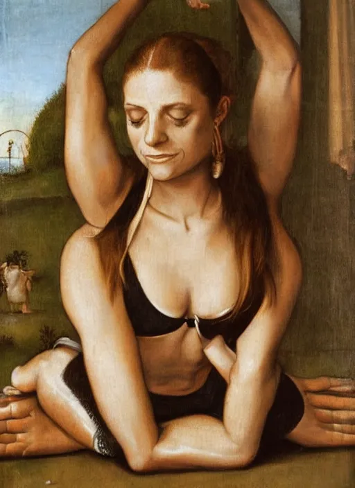 Prompt: full body painting of mischa barton doing yoga, strength, tudor period, hans holbein oil painting