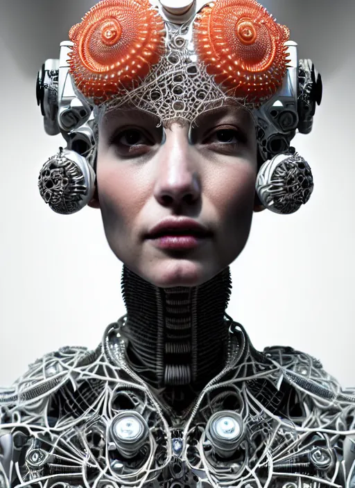 Image similar to portrait of an absurdly beautiful, graceful, sophisticated, fashionable cyberpunk mechanoid, hyperdetailed illustration by irakli nadar and alexandre ferra, intricate linework, white porcelain skin, faberge, coral headdress, octane render, gsociety, global illumination, radiant light, detailed and intricate environment