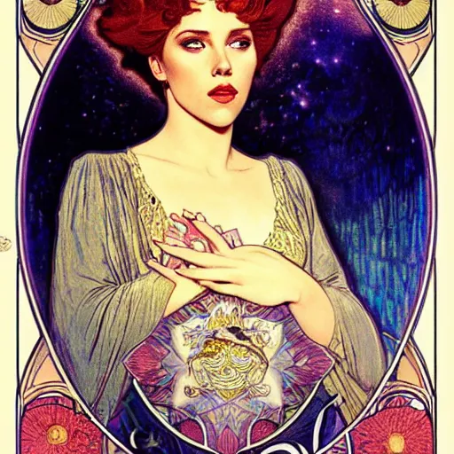 Prompt: scarlett johansson portrait by louis - theophile hingre and alphonse mucha, realistic, sharp focus, zodiac signs, tarot cards, planets, ethereal, art nouveau, magic, moon, sun, crown, dreamy, royal, jewellery