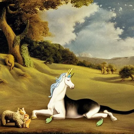 Image similar to dream : a fabulous landscape, a magical unicorn. a boy is sitting astride him. a cat is lying