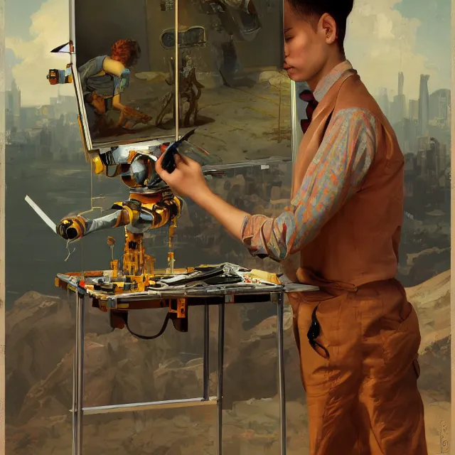 Prompt: robot artist painting a self - portrait on a canvas. intricate, highly detailed, digital matte painting, in the style of alexandros pyromallis, and in the style of sachin teng, and in the style of hans thoma, ( and in the style of gil elvgren ). irony, recursion, inspiration.