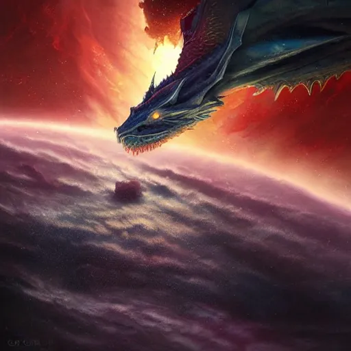 Image similar to Blue scaled dragon devouring an earth like planet while flying in space, sun system, nebula, digital art by Greg Rutkowski