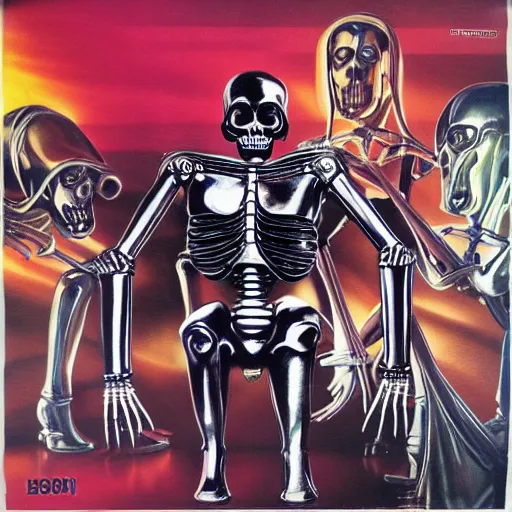 Prompt: 1 9 8 0's heavy metal album art, a shiny reflective detailed chrome android dancing with a skeleton wearing a skintight black latex bodysuit inside an alien nightclub, colorful lighting