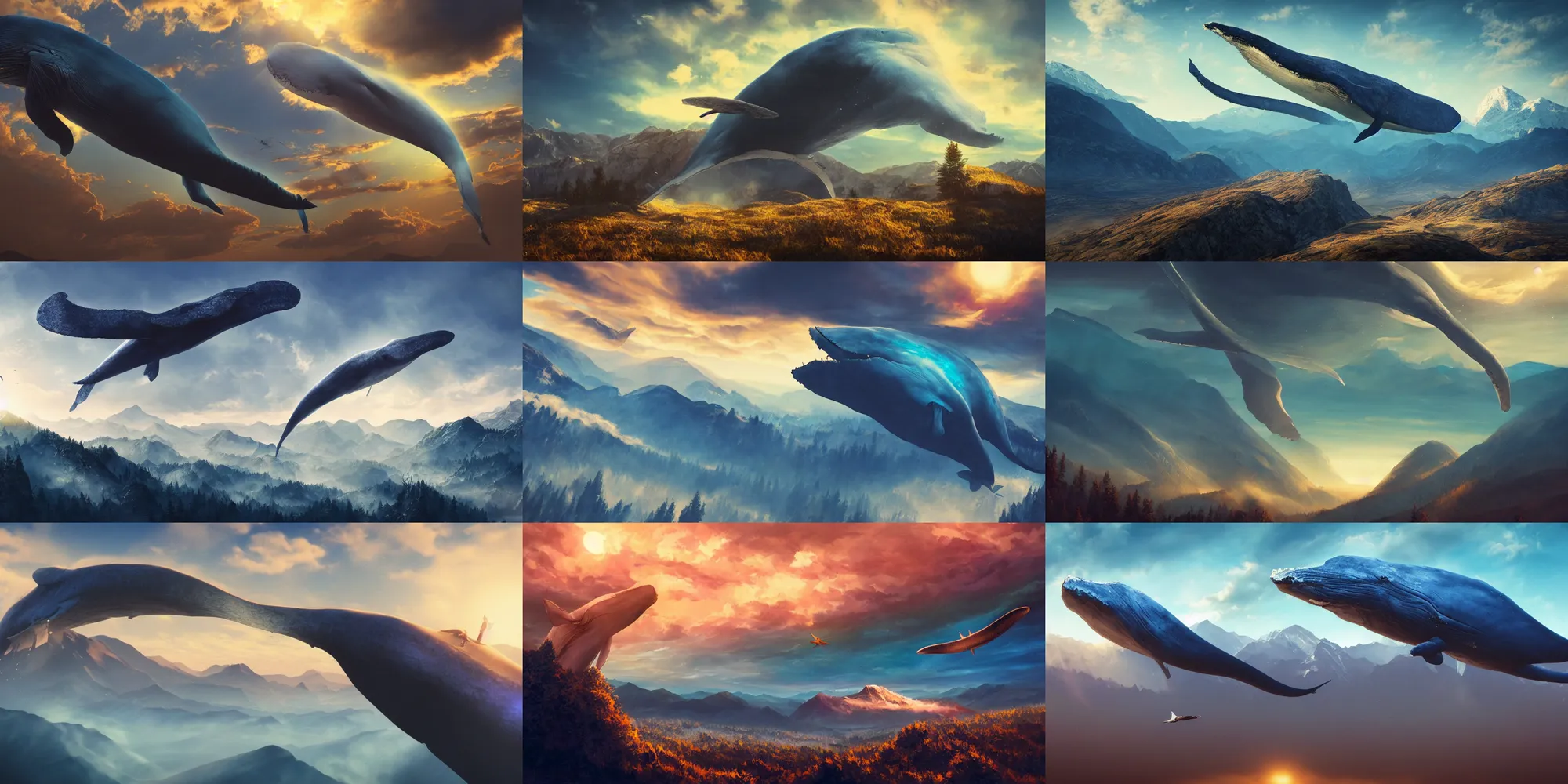 Prompt: a huge blue whale is flying high in the sky above the mountains, epic, surreal, cinematic shot, golden hour, artstation, deviantart, dreamy atmosphere, high definition