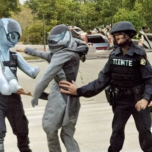 Image similar to extraterrestrial zeta reticulan grey alien, being arrested by spetsnaz