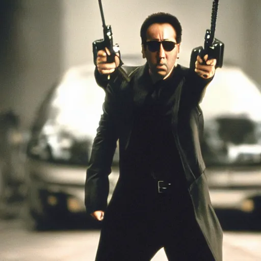 Prompt: Nicolas Cage playing Neo in The Matrix, film still, photo