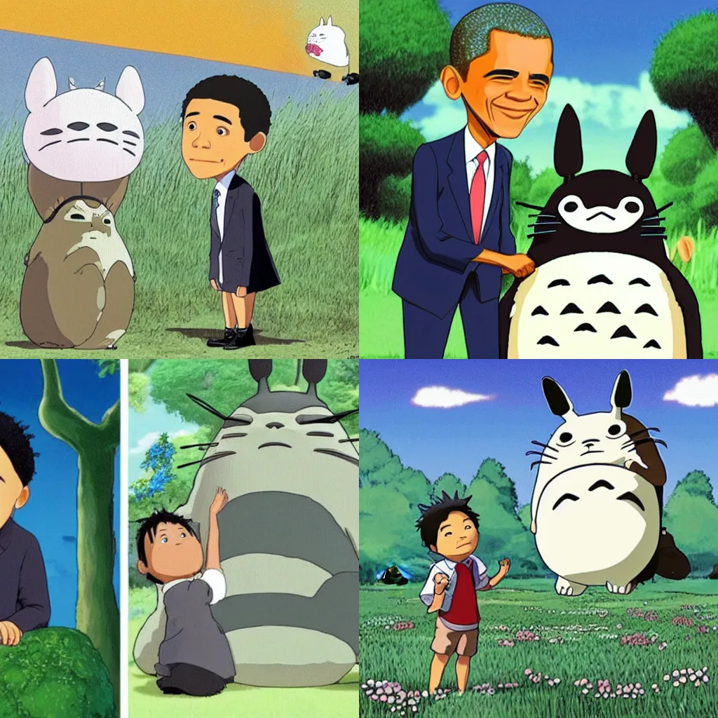 Prompt: barack obama and totoro from my neighbor totoro meet for the first time in the style of studio ghibli