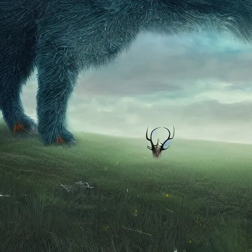 Image similar to an illustration of a giant blue six - legged beast, a pair of horns, fluffy fur, walking across a peaceful fantasy meadow, digital art concept art