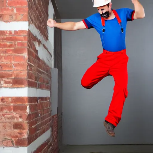 Image similar to plumber with a mustache, red overalls, jumping to hit a brick cube floating above the ground