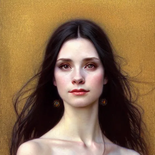 Prompt: Portrait of a beautiful, pale skin, female with long black hair, dark brown eyes, gentle smiling expression, elegant clothing, photorealistic, highly detailed, artstation, smooth, sharp focus, art by Klimt, artgerm, Greg Rutkowski and Alphonse Mucha