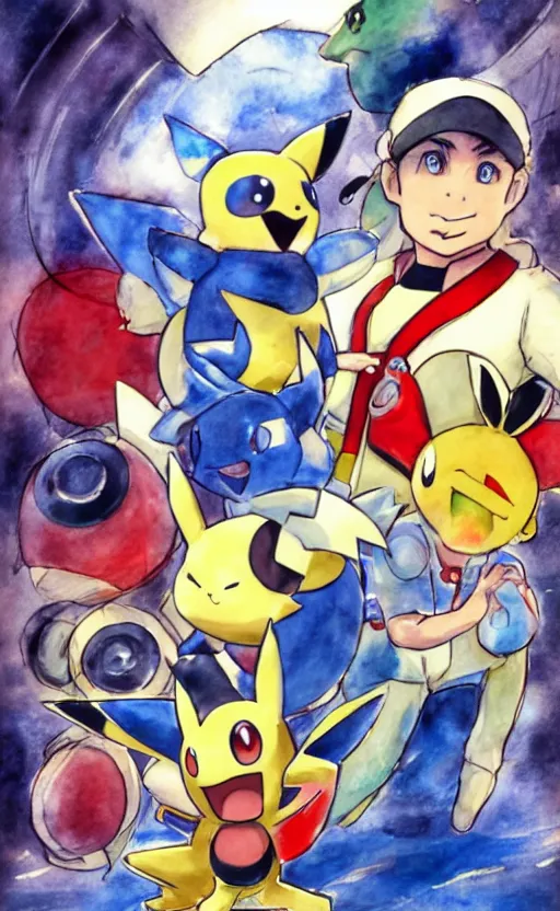 Prompt: portrait of trainer and his pokemon, battling in stadium, symmetrical face features, by sugimori ken, watercolors, old concept art, front game card, highly detailed, smooth, safebooru, sharp focus, backlit