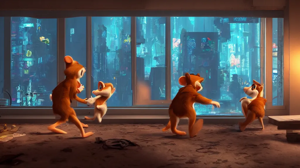 Prompt: Chip and Dale in the apartment room in a cyberpunk city, soft god rays from city lights outside the window, unreal engine 5, soft neon atmosphere, photorealistic, soothing colors, somber melancholic matte painting, hyperrealism, hyperrealistic, cinematic masterpiece, cyberpunk style 8k ultrahd octane render
