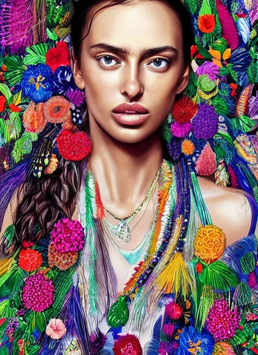 Prompt: beautiful portrait of Irina Shayk wearing fantastic Hand-dyed cotton dress,embellished beaded feather decorative fringe knots ,colorful pigtail,subtropical flowers and plants,symmetrical face,intricate,elegant,highly detailed,8k,post-processing,digital painting,trending on pinterest, GUCCI,vogue,concept art, sharp focus, illustration, by artgerm,Tom Bagshaw,Lawrence Alma-Tadema,greg rutkowski,alphonse Mucha