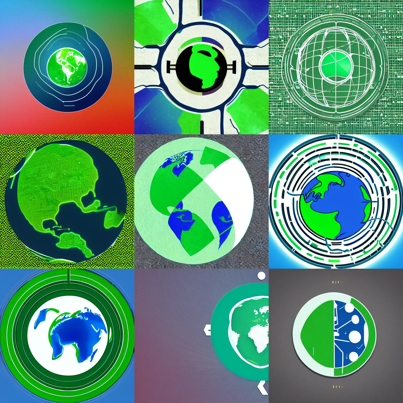 Prompt: An abstract logo representing the Earth integrated with AI and circuits, green blue and white