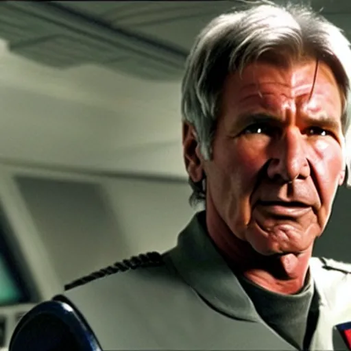 Prompt: A still of Harrison Ford as Commander Adama in Battlestar Galactica (2003) wearing a dark blue uniform, a Cylon is in the background